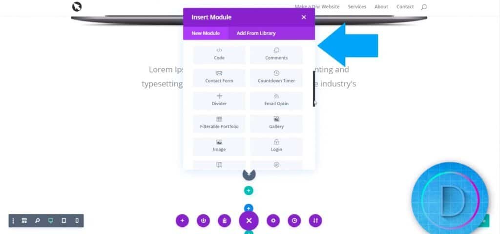 elementor vs divi menu with blue arrow